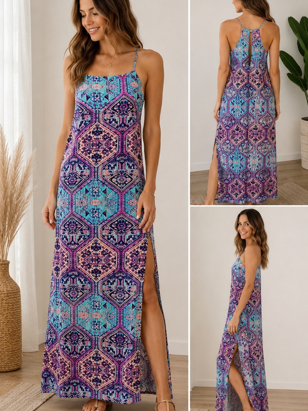 Everly Boho Maxi Dress in Purple & Teal Hex Print. Adjustable Straps